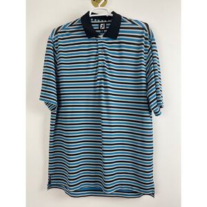 00645 Footjoy FJ Mens XL Golf Polo Shirt Blue‎ Black White Stripe Performance SS